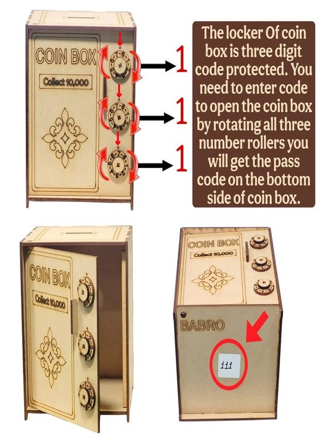BABRO Wooden Coin Saving Box for Kids with 3-Digit Lock | Educational Money Bank Toy | Secure Wooden Saving Bank for Boys & Girls | Fun Learning Coin Locker Toy - Image 4